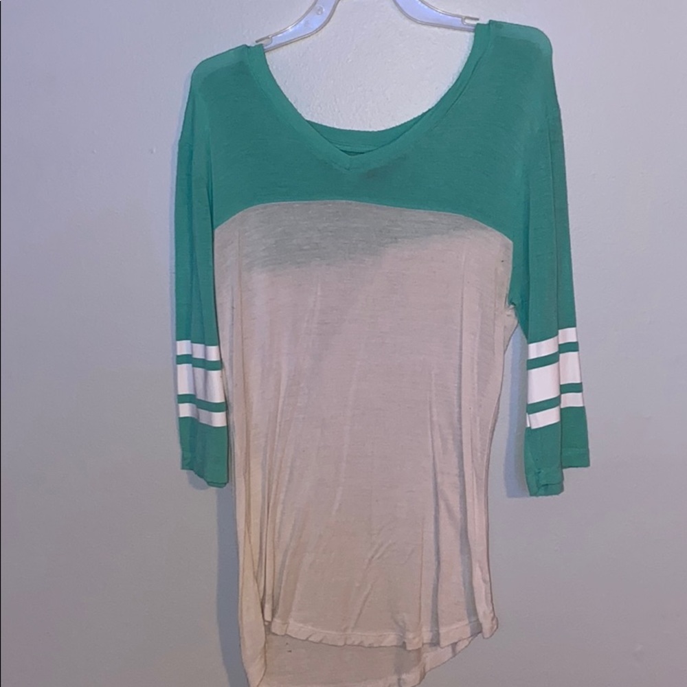 teal and white shirt